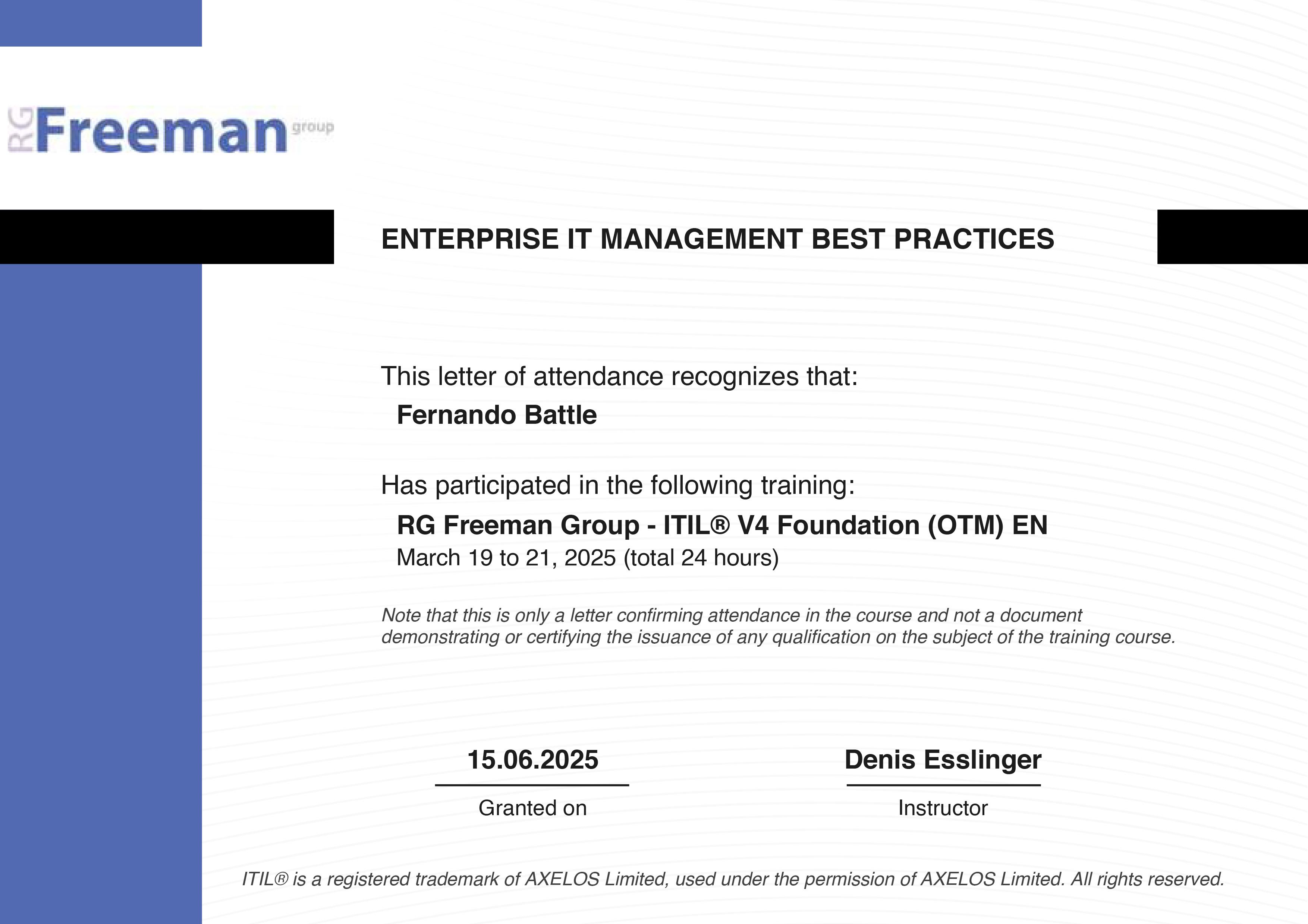 ITIL Training Certificate